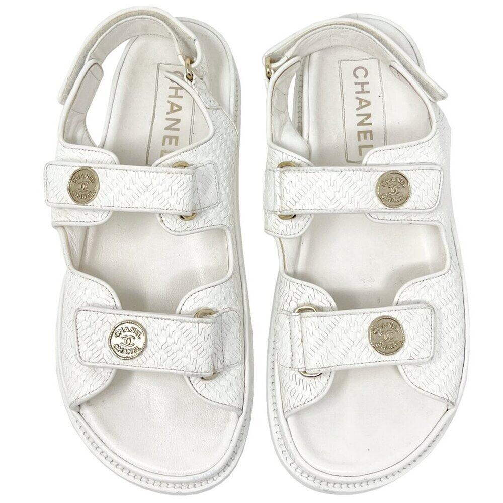 Chanel White Textured Leather Dad Flat Sandals 39.5